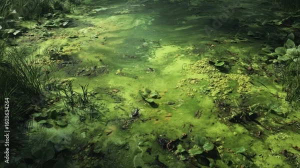 Fototapeta Algae-Covered Swampy Area with Bugs and Lush Green Vegetation