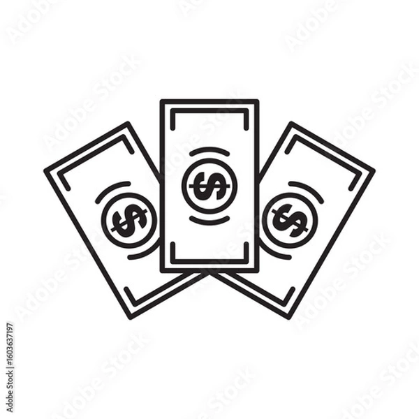 Fototapeta Minimalist dollar money icon featuring three overlapping banknotes with dollar signs. Perfect for financial, accounting, investment, banking, and cash-related graphic design needs.