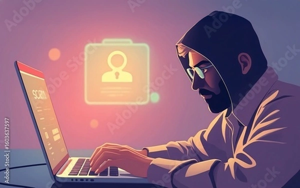 Fototapeta Confident Businessman in Black Jacket and Eye Glasses Working on Laptop with Briefcase – Professional Skills and Expertise Concept.