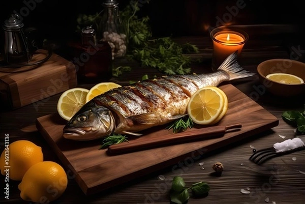Obraz Grilled Whole Seabass with Lemon: Delicious Seafood Dinner on Wooden Board in Dark, Rustic Setting. Fine Dining Cuisine Image.