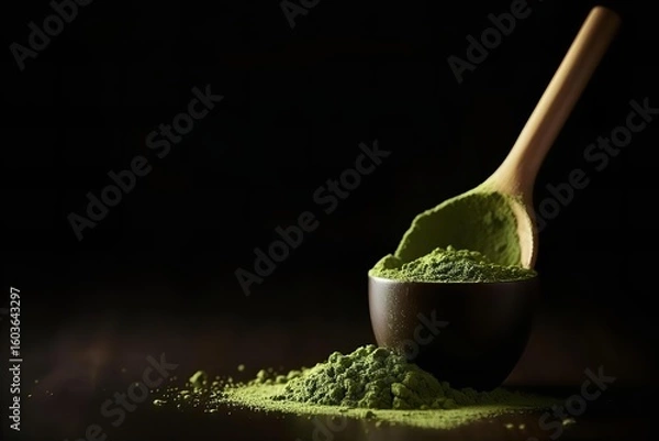 Obraz Matcha Powder Still Life: Close-Up of Green Tea in Wooden Bowl with Spoon on Dark Background for Food Bloggers & Healthy Lifestyle Content