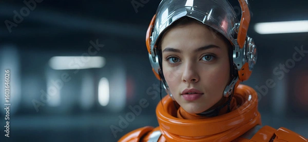 Fototapeta Female Astronaut in Helmet Gazing at Man – 3D Space Exploration with Double Exposure of Galaxy Mind, Inner Universe, Mindfulness, and AI Consciousness.