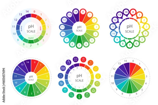 Fototapeta PH value Scale. Set of Color charts with pH level. Scale indicator for litmus paper test. Vector illustration isolated on white background.