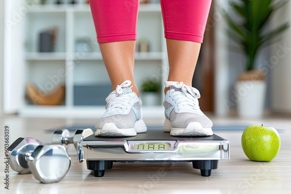 Fototapeta Close up of person standing on digital scale with dumbbells and green apple nearby