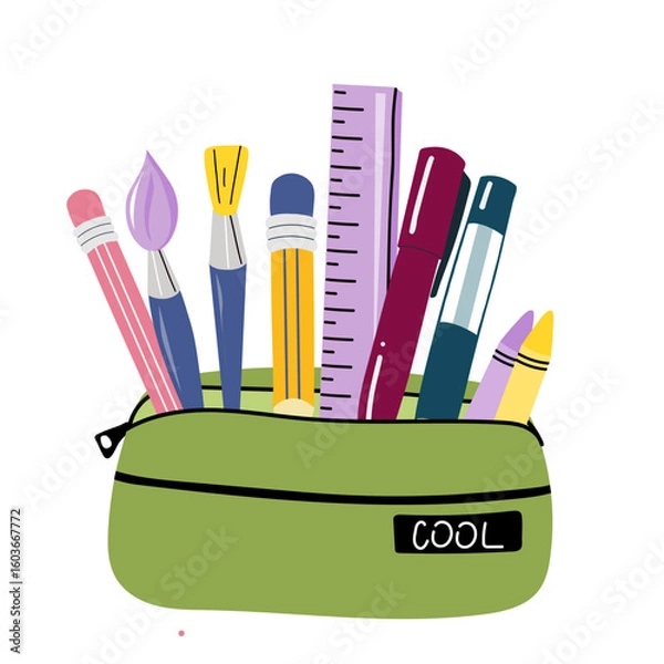 Fototapeta Colorful vector illustration of an open pencil case filled with school supplies: pencils, brushes, ruler, pens, and crayons.  