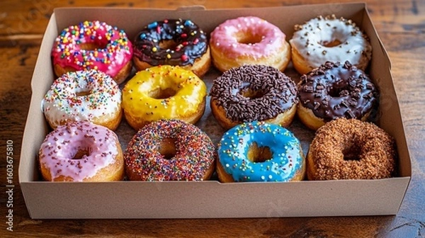 Fototapeta An assortment of colorful donuts with different toppings like sprinkles and glaze, neatly arranged in a box on a rustic wooden surface.