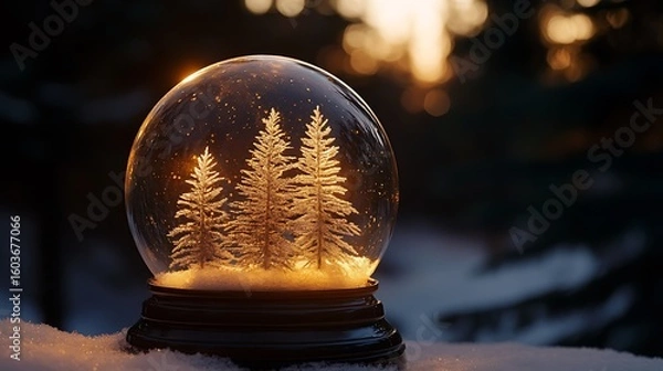 Fototapeta Snow globe of transparent steel with frosted pine silhouette