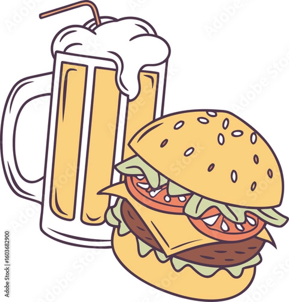 Obraz Delicious Duo A Cartoon Burger and Beer Get-Together A Perfect Meal Combination with Fun Outlines