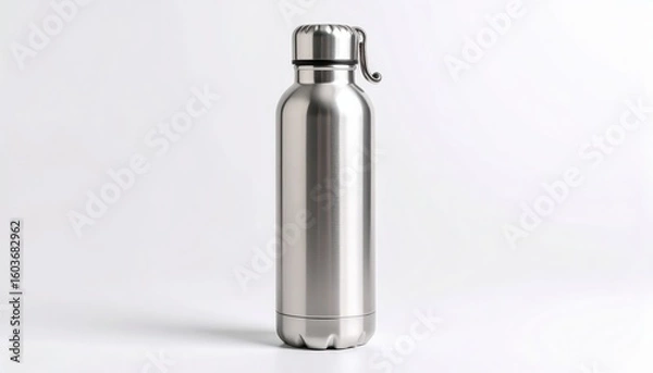 Obraz Stainless steel water bottle,  simple design,  isolated on white background.