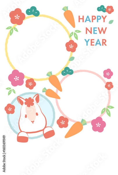 Obraz かわいい白馬が窓から顔を出しているカラフルな午年フォト年賀状(文字なし)　白背景