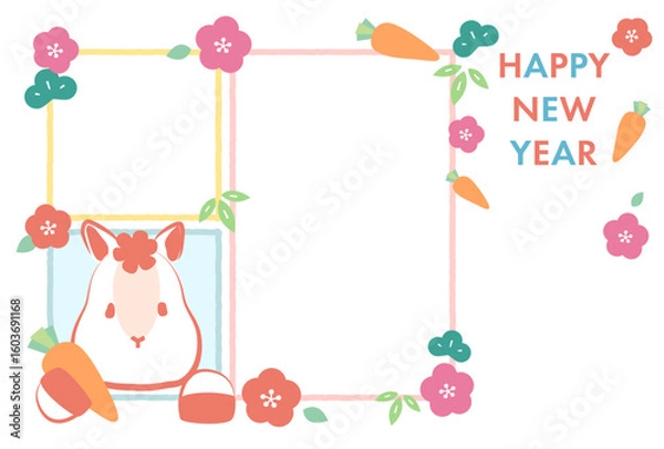 Obraz かわいい白馬が窓から顔を出しているカラフルな午年フォト年賀状(文字なし)　白背景