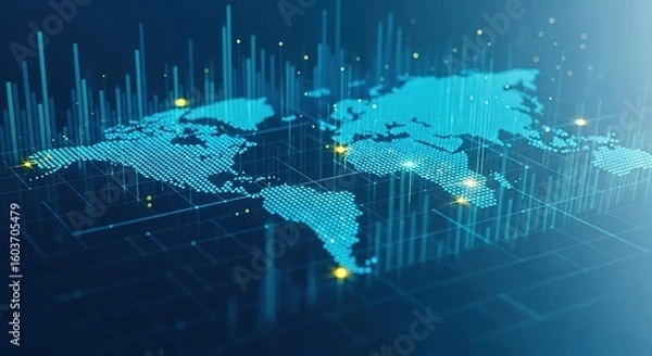 Obraz Global digital network connectivity and data flow visualized across a glowing blue world map