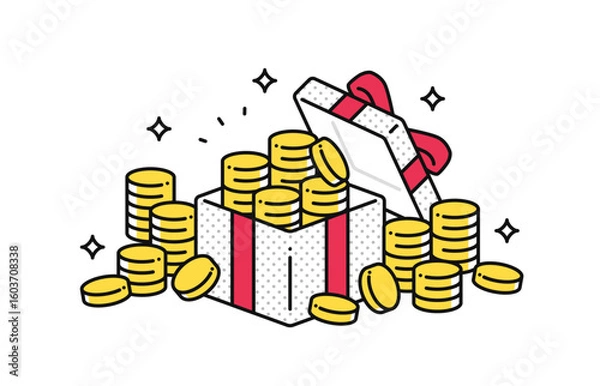 Obraz プレゼントボックスから溢れるたくさんのコインのシンプルなベクターイラスト素材