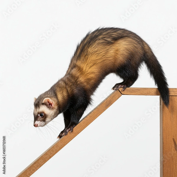 Fototapeta Precarious Perch: A Ferret Balances on a Ledge with Determination in 8K Detail.