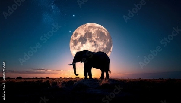 Obraz Elephant Silhouette Under Moonlit Sky
