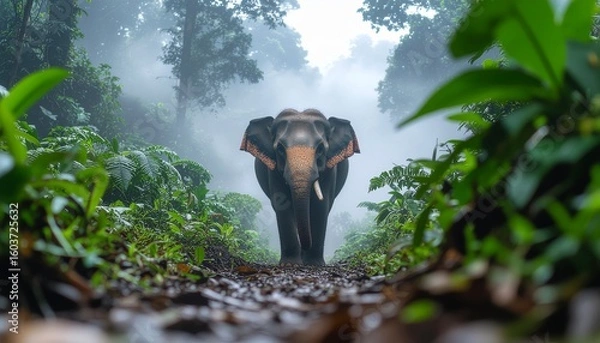 Obraz Asian Elephant in Misty Rainforest