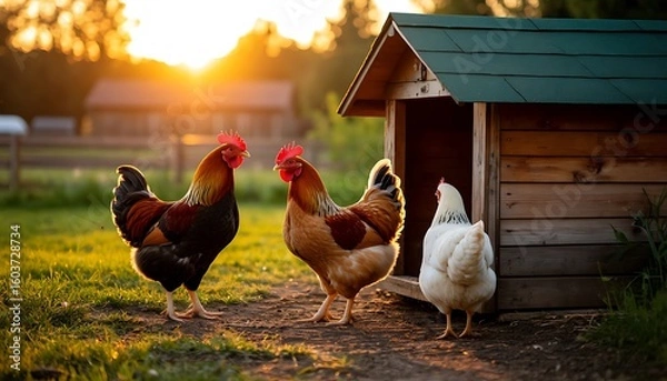 Fototapeta Chickens and roosters gathering in front of their coop, basking in the warm glow of sunset on a peaceful farm