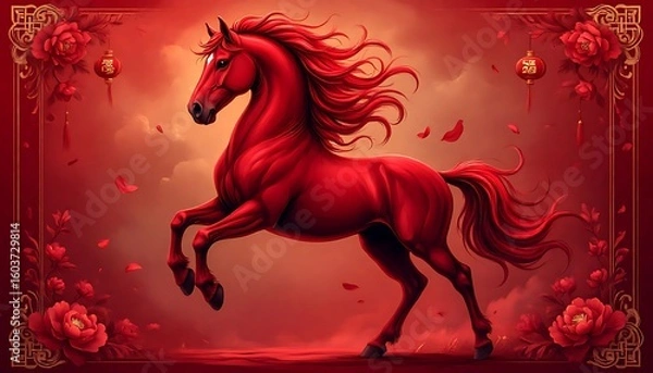 Fototapeta Majestic red horse running free, surrounded by red peonies and lanterns, celebrating the Chinese New Year with elegance and power