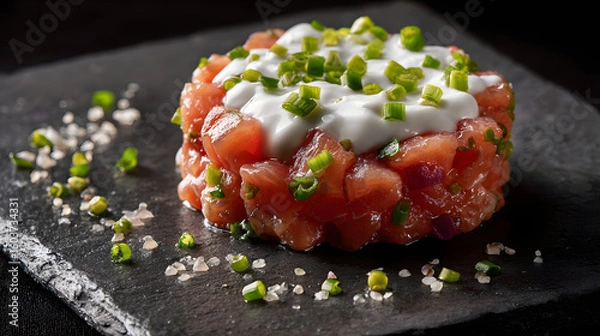 Fototapeta A beautifully presented salmon tartare, topped with a dollop of creamy sauce and sprinkled with fresh chives, set on a dark slate surface.