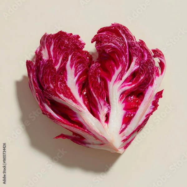 Fototapeta A vibrant red cabbage head sliced in half, revealing its striking internal layers and intricate textures.