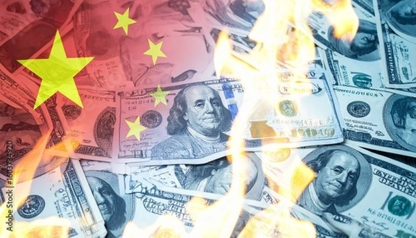 Fototapeta 中国の国旗とお金が燃えている