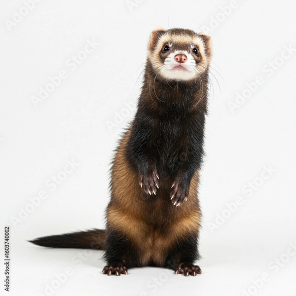 Fototapeta Curious Ferret Standing Upright on White Background in High Detail, 8k Resolution.
