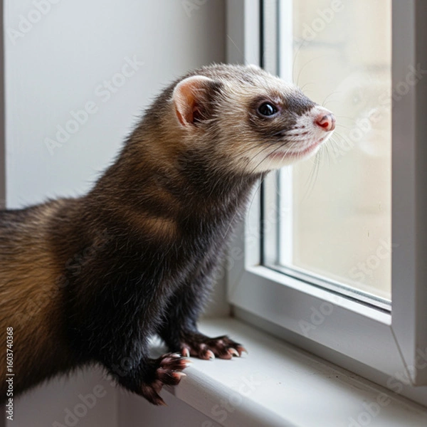 Fototapeta Adorable Ferret Gazing Longingly Out a Tiny Window, Isolated on White. 8k Detail.