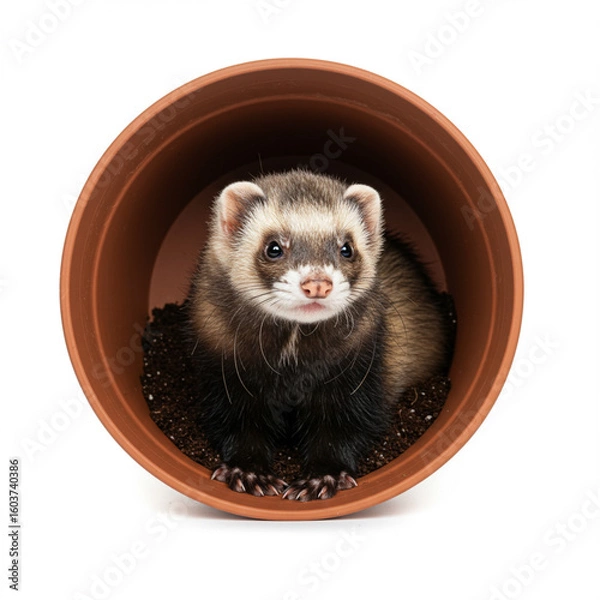 Fototapeta Adorable Ferret in a Flower Pot on White Background - High Detail 8K Image.