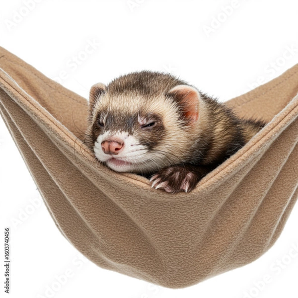 Fototapeta Adorable ferret napping soundly in tiny hammock against a seamless white backdrop.
