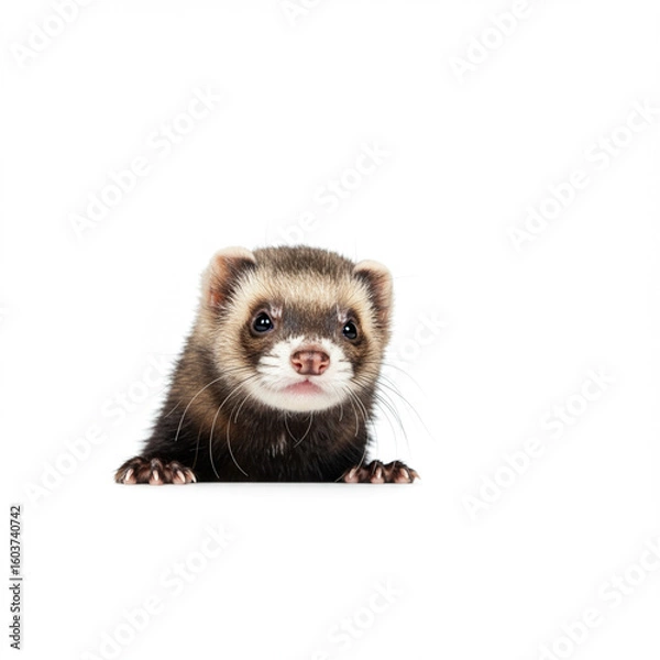 Fototapeta Curious Ferret Peek: A Mischievous Mustelid Isolated on White in High Detail.