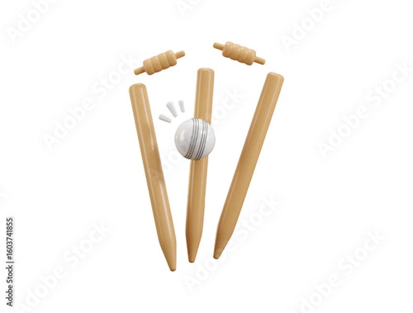 Obraz Cricket ball with stamp icon 3d render concept of white cricket ball knocking over wickets or stumps icon vector illustration