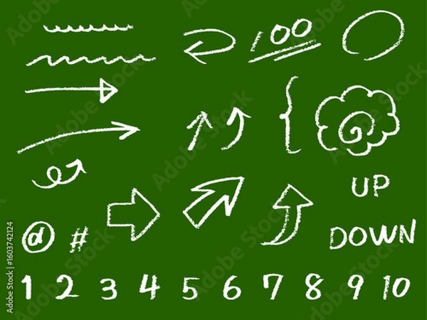 Fototapeta 黒板にチョークで書いた矢印や数字の手書き文字イラスト　教育やプレゼン資料に使える素材セット
