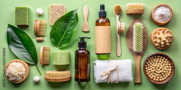 Fototapeta Natural skincare display with various wellness products on a green background featuring brushes, oils, and spa essentials