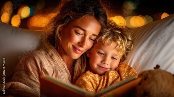 Fototapeta A mother reading a bedtime story to her child in a cozy setting.