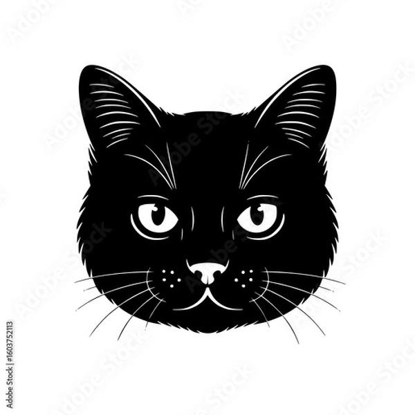 Fototapeta Black Cat Portrait: A striking monochrome line art illustration of a black cat's head, showcasing intense eyes and delicate whiskers against a white background.