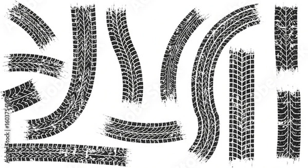 Fototapeta Dirty tire tracks texture set - grunge textures. Tire tracks after skidding, launch, drift, powerslide in motorsport, rally, off-road, motocross. Wheel texture with splash effect.
