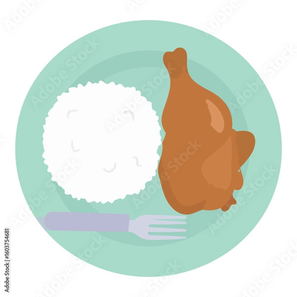 Fototapeta A simple, stylized meal of a roasted chicken leg and a scoop of white rice served on a light green plate with a fork.