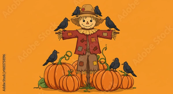 Fototapeta A cheerful cartoon scarecrow stands amidst pumpkins, welcoming autumn with crows perched nearby, a delightful fall scene with Image_fx (35).png influences.