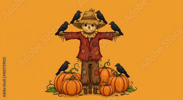 Fototapeta Charming Autumn Scene A Delightful Cartoon Scarecrow Guarding a Pumpkin Patch, Perfect for Fall Decorations and Seasonal Greetings