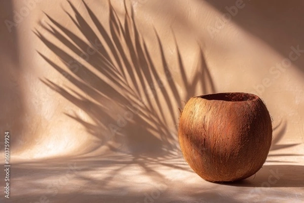 Obraz Empty coconut shell with palm leaf shadow on beige background