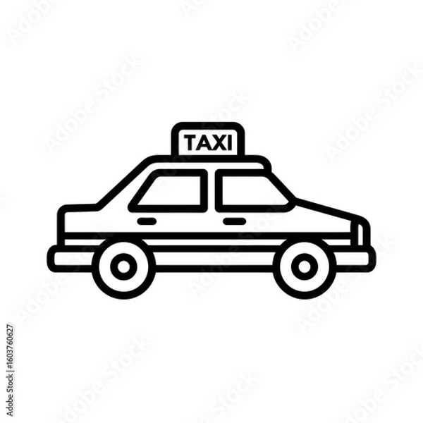 Fototapeta Black outline of taxi cab with a 'TAXI' sign on top in minimalist design, concept for transportation app logo, traffic illustration and public service graphic.