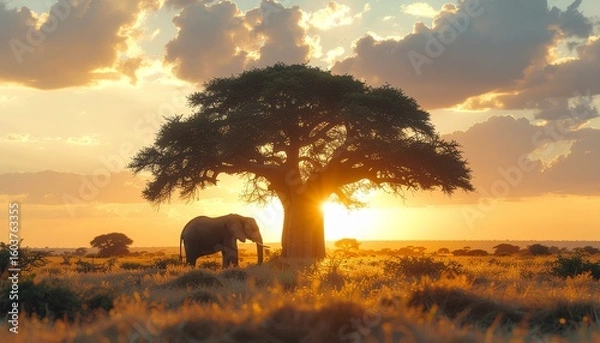 Obraz Old Elephant Resting Under Baobab Tree