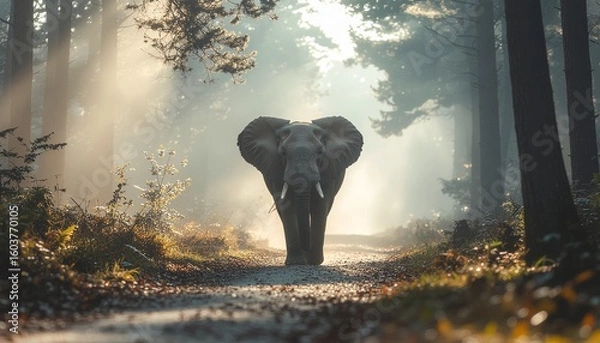 Obraz Elephant Emerging Through Morning Fog