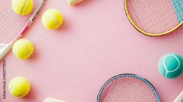 Obraz overhead view of tennis objects on soft pink gym background with pastel harmony