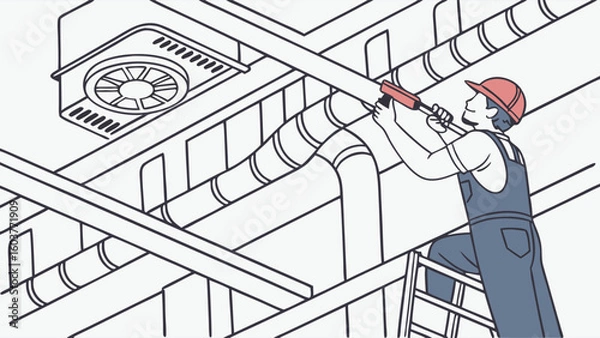 Obraz Maintenance Worker Repairing Pipes and Air Conditioning Unit Vector Illustration Design