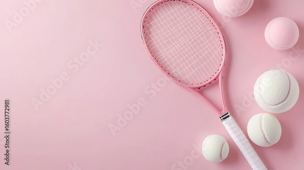 Obraz clean composition of tennis items on soft pink tennis background highlighting glossy texture