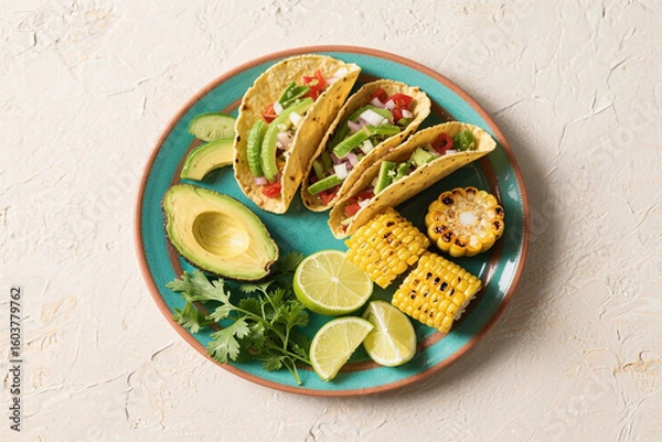 Fototapeta Vibrant tacos with avocado corn lime cilantro image