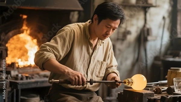 Obraz Craftsman shaping glass with a blowtorch in a workshop