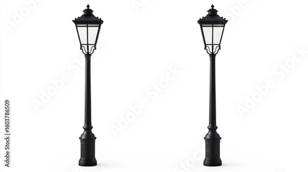 Obraz Two elegant black lamp posts stand tall against a white background showcasing their ornate details and classic design