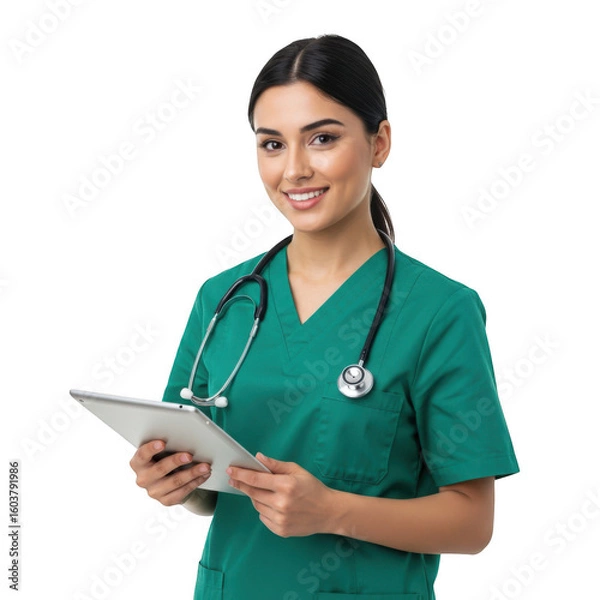 Obraz Smiling young female healthcare professional wearing green scrubs holding a clipboard isolated on transparent background